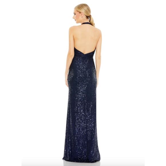 MAC DUGGAL Dress Size 2 Evening Gown Sequin Navy Blue Halter V Neck NEW - Picture 5 of 10